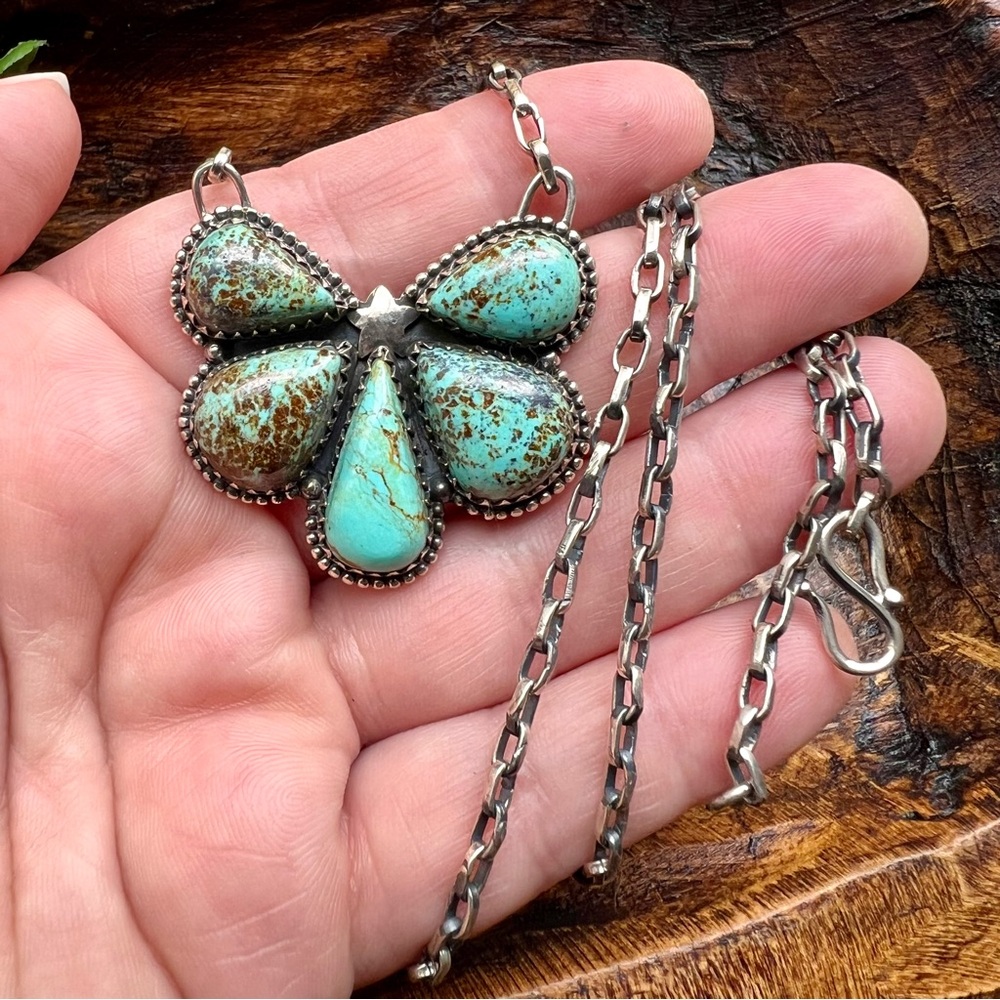 925 Sterling Silver Turquoise Cluster Necklace •Southwestern• - Picture 5 of 14